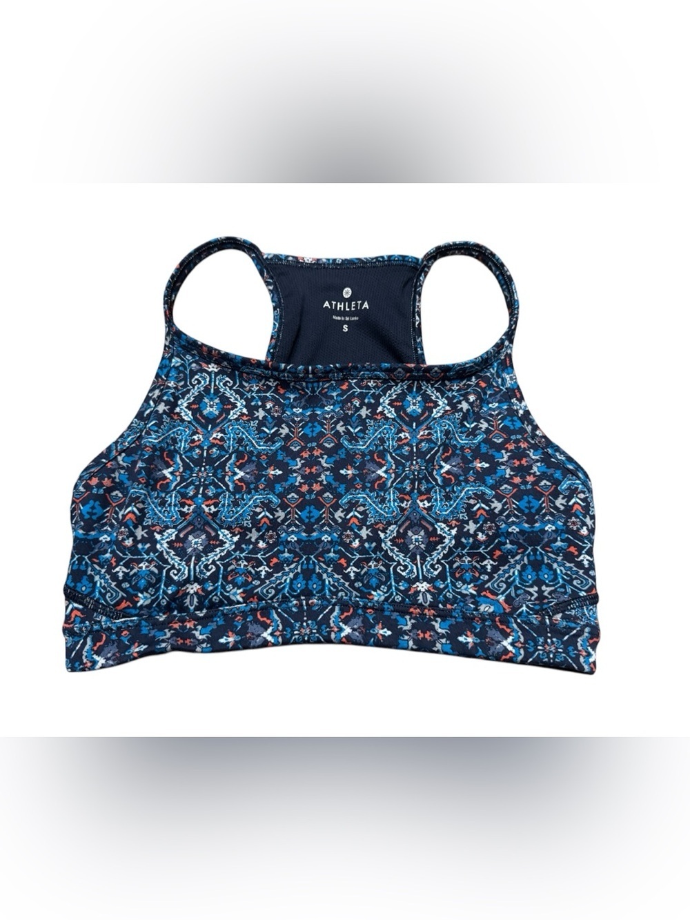Athleta Blue Exhale Geometric Floral Strappy Back Sports Yoga Bra Size Small